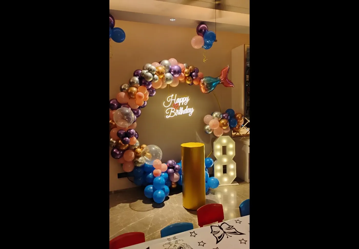 Colourful birthday theme party setup with balloons, Gurugram